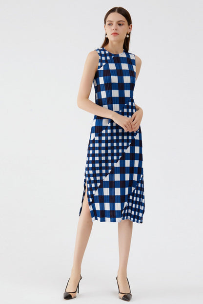 Plaid Print Sleeveless Full Pleated Dress