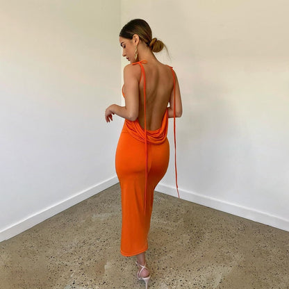 Lena Spaghetti Strap Sexy Backless Draped Maxi Dress