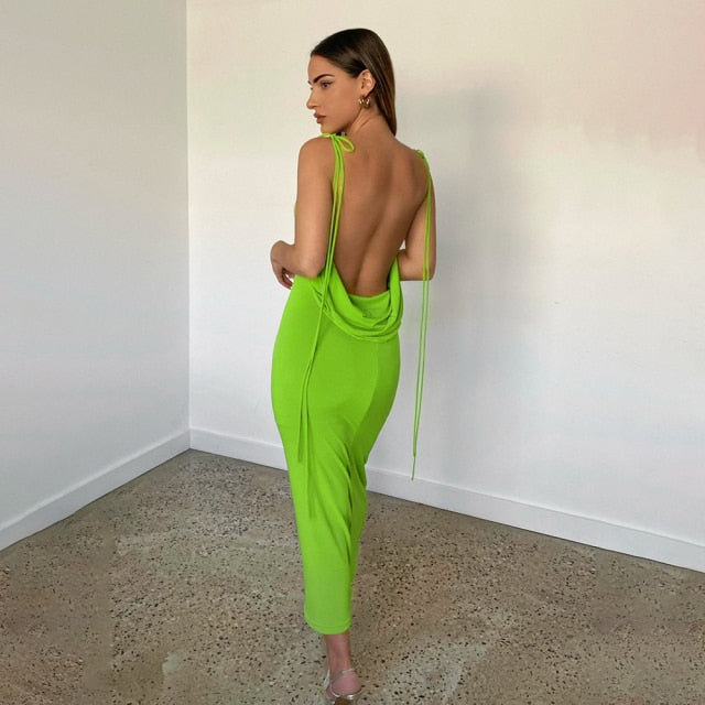 Lena Spaghetti Strap Sexy Backless Draped Maxi Dress