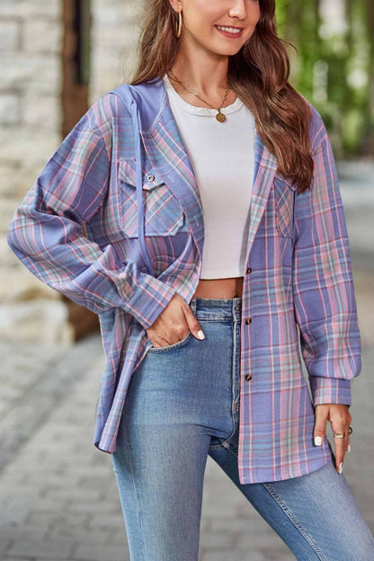 Hooded Plaid Button Up Blouse