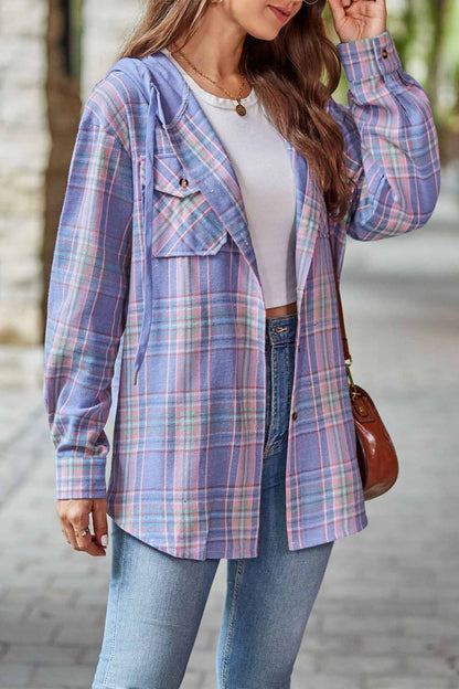 Hooded Plaid Button Up Blouse