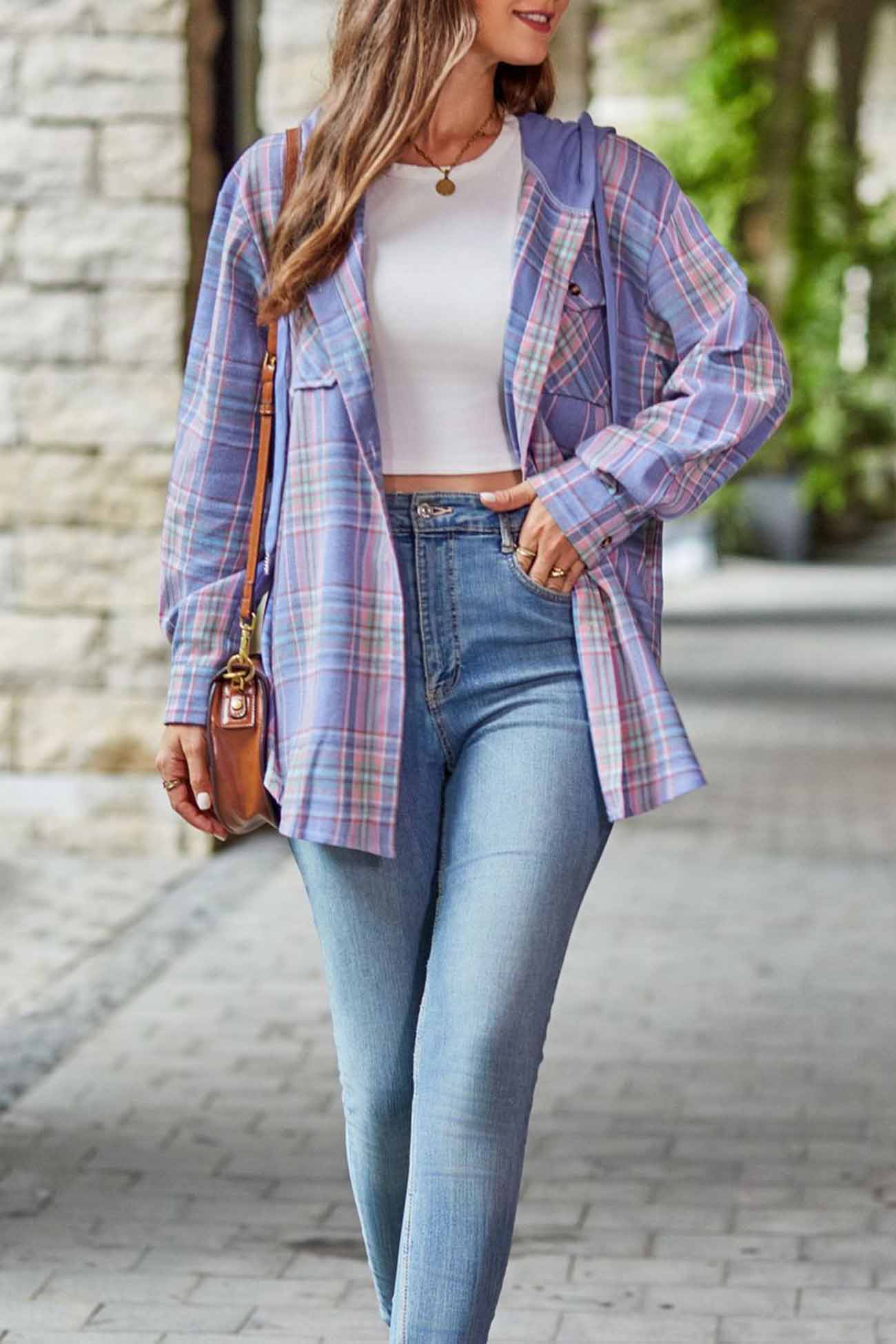 Hooded Plaid Button Up Blouse