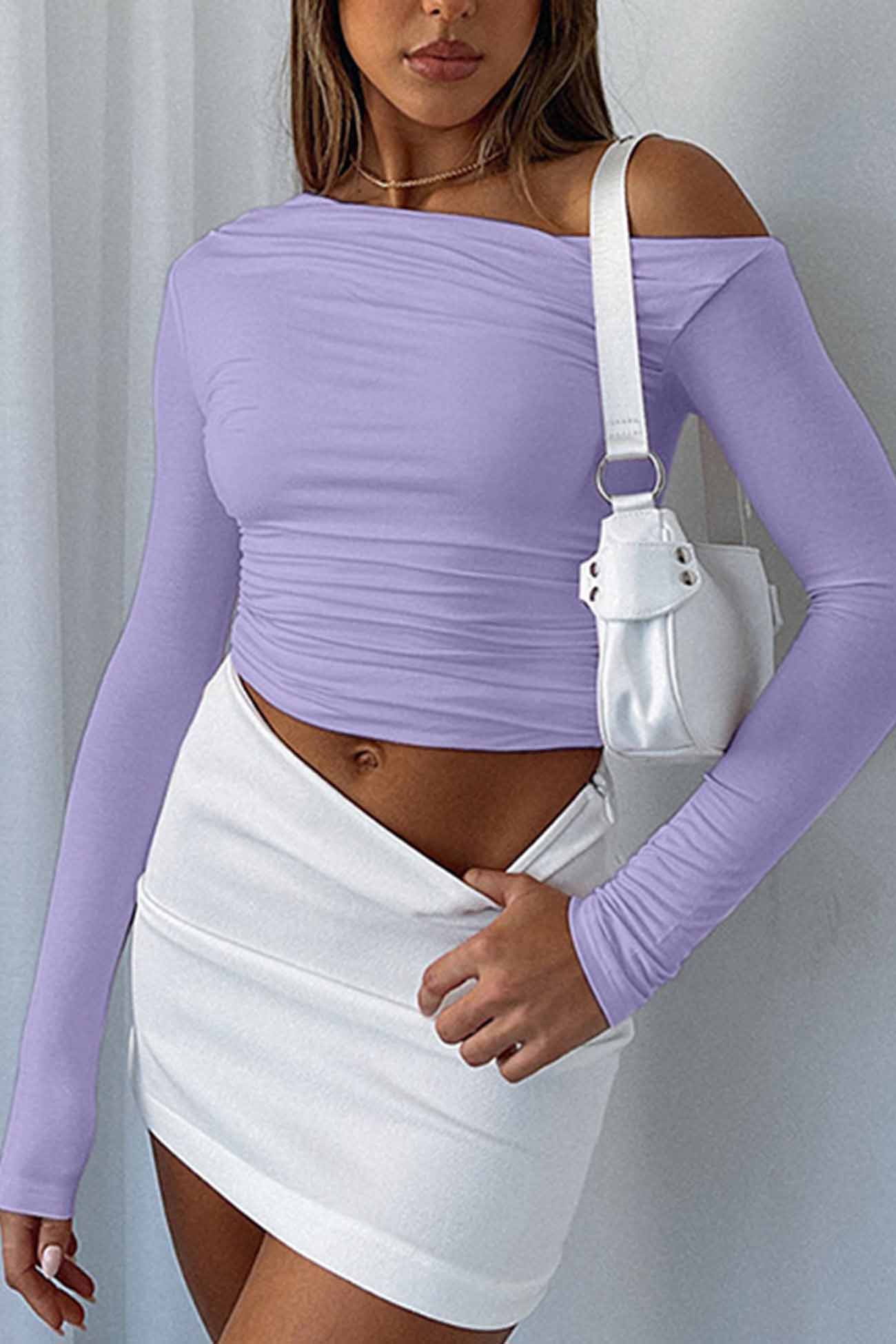 One Shoulder Long Sleeve Pleated Tops