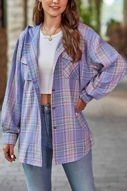 Hooded Plaid Button Up Blouse