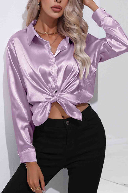 Lapel Satin Button Up Blouse