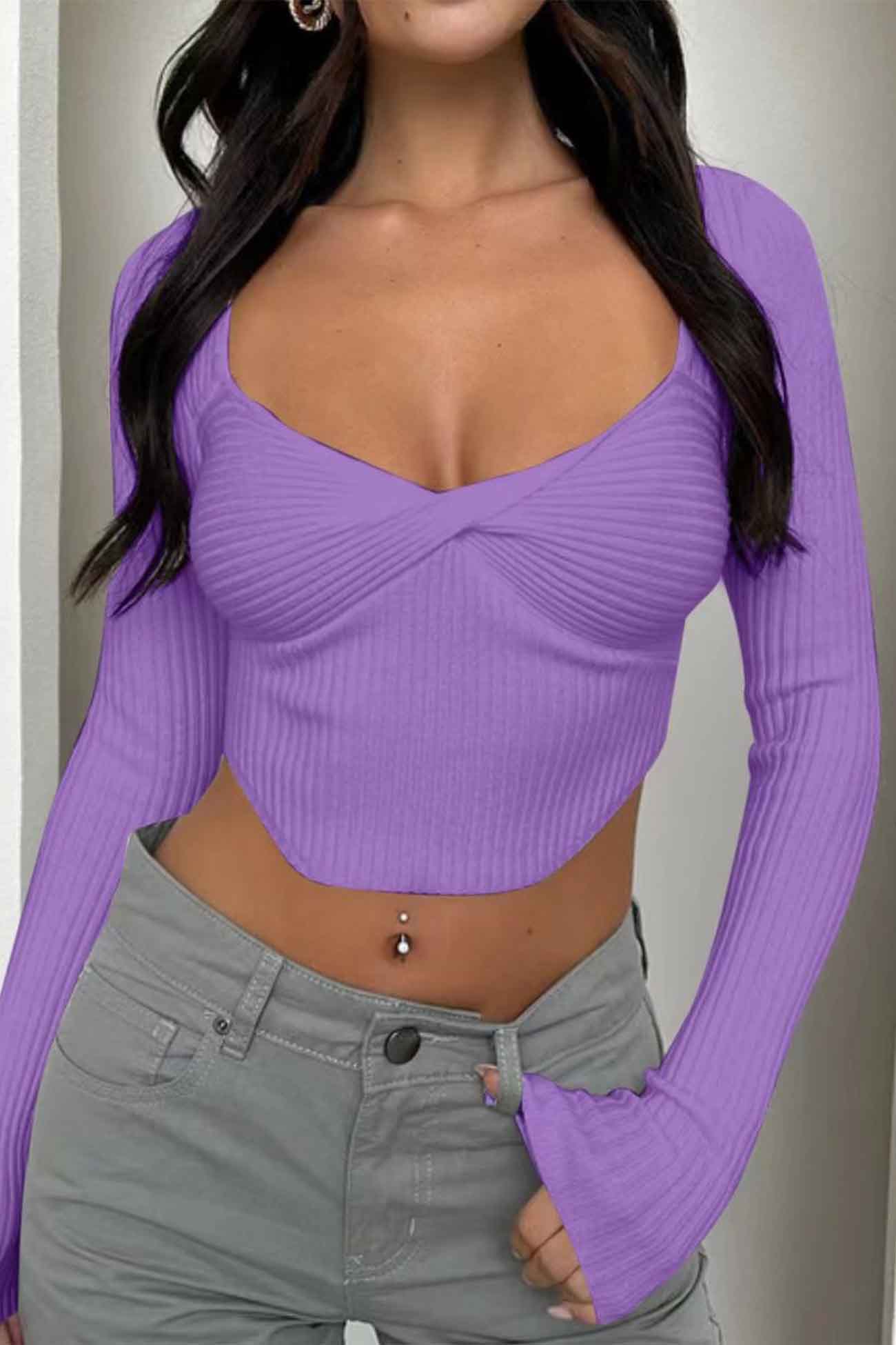 Twisted-Front Ribbed Long Sleeve Top