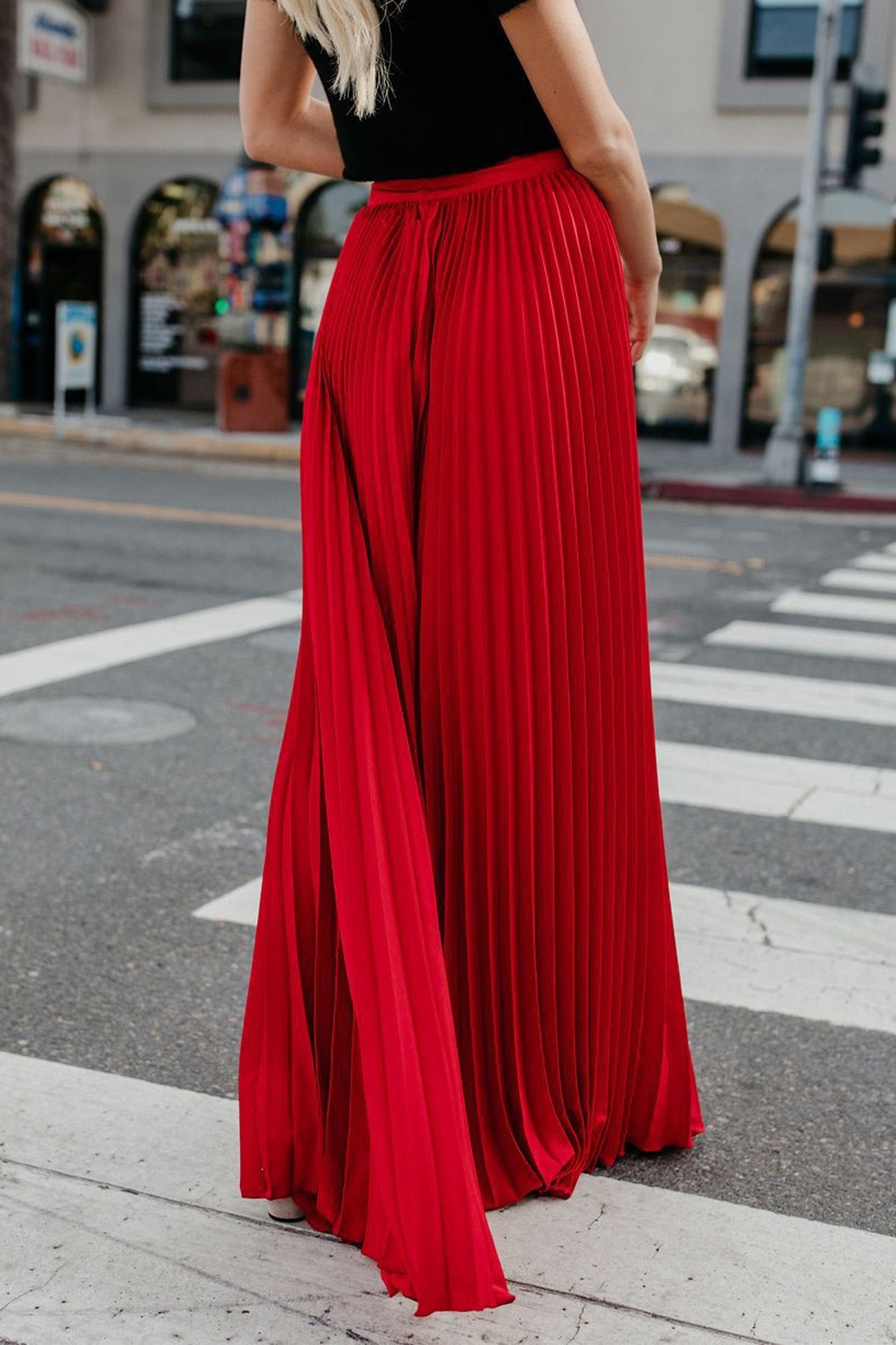 Solid Color High Waist Pleated Maxi Skirt