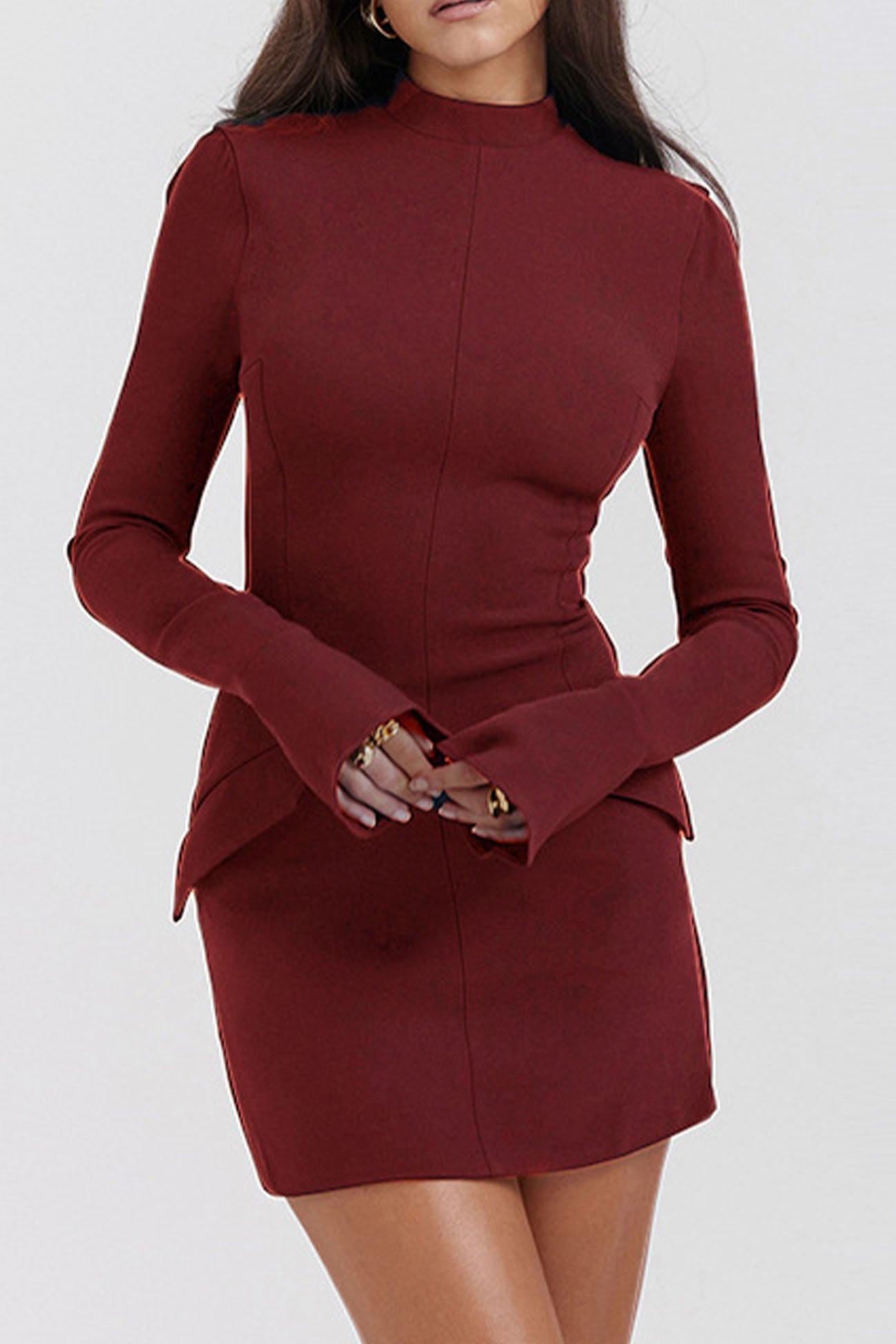 Solid Color Mock Neck Bell Sleeve Dress