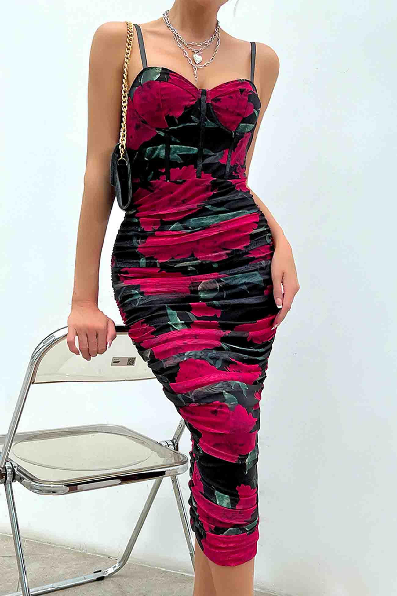 Floral Printed Rushed Bodycon Cami Dress