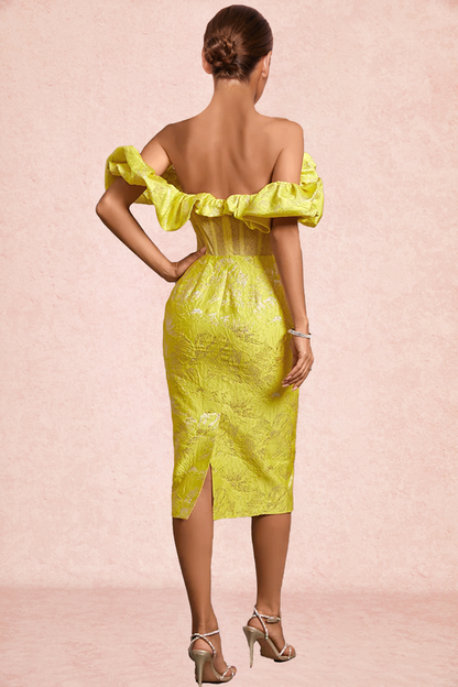 YELLOW OFF SHOULDER PLEATED MIDI BODYCON DRESS