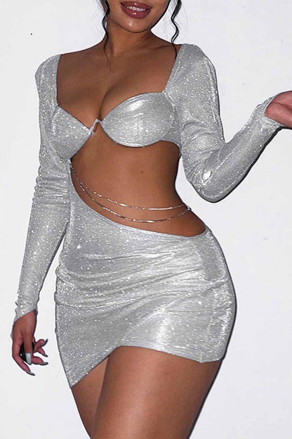 Hollow Glitter Chain Long Sleeve Ruched Mini Dress