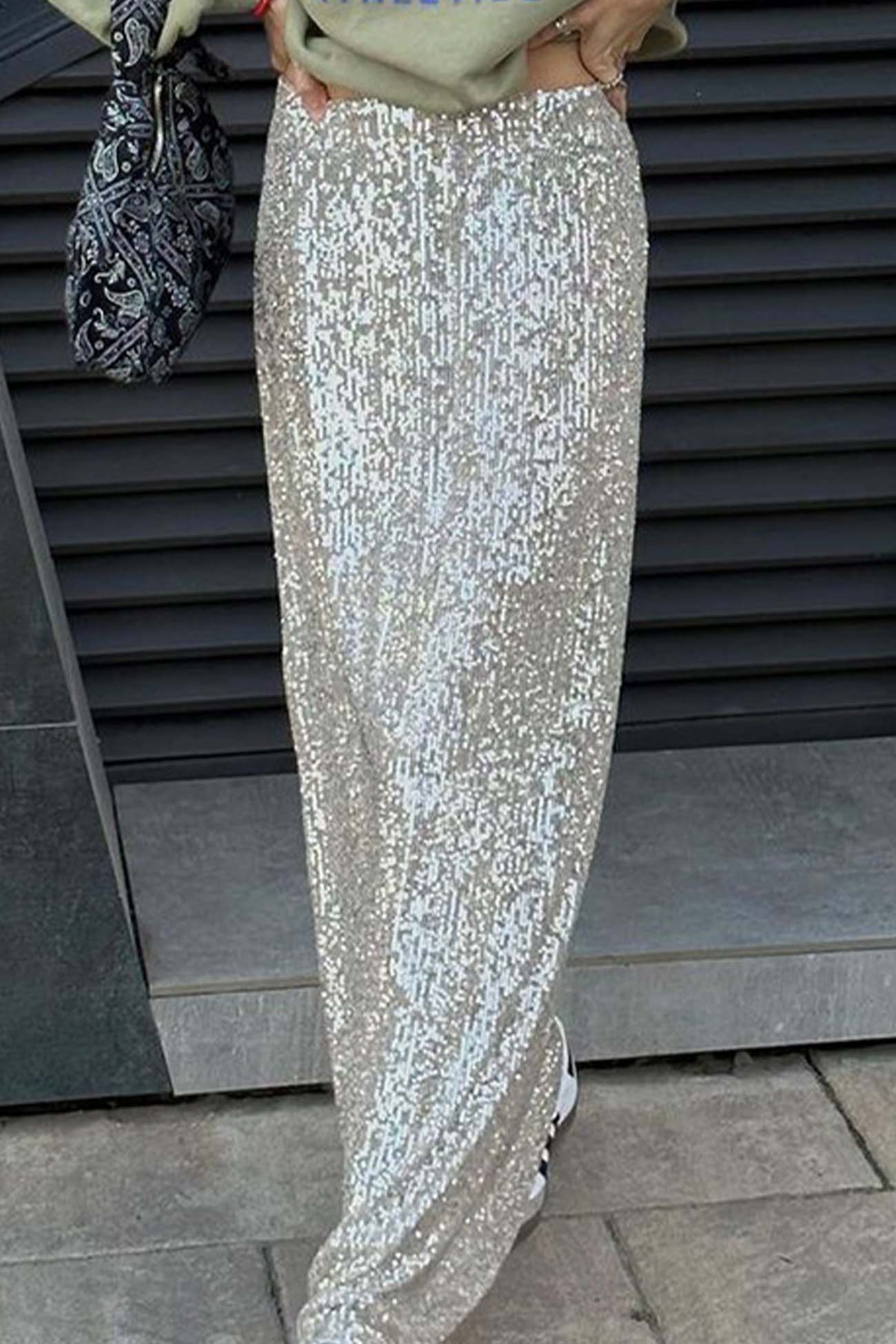 Solid Color Sequin Maxi Skirt