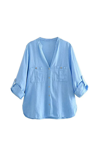 V-neck Pocket Roll-up Sleeve Button-Up Blouse