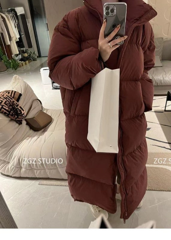 Women's extra long loose warm down puffer coat jacket Wine Red clothes Jackets & Coats Outerwear