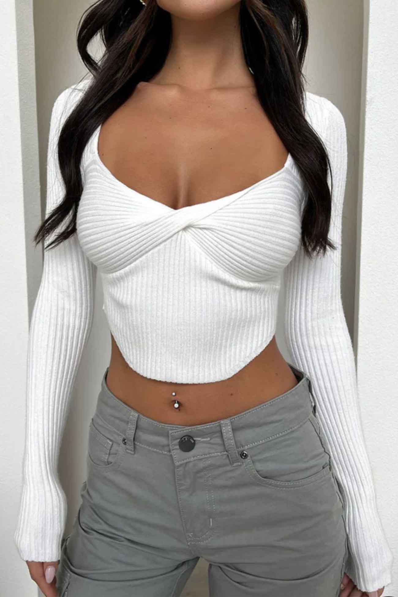 Twisted-Front Ribbed Long Sleeve Top