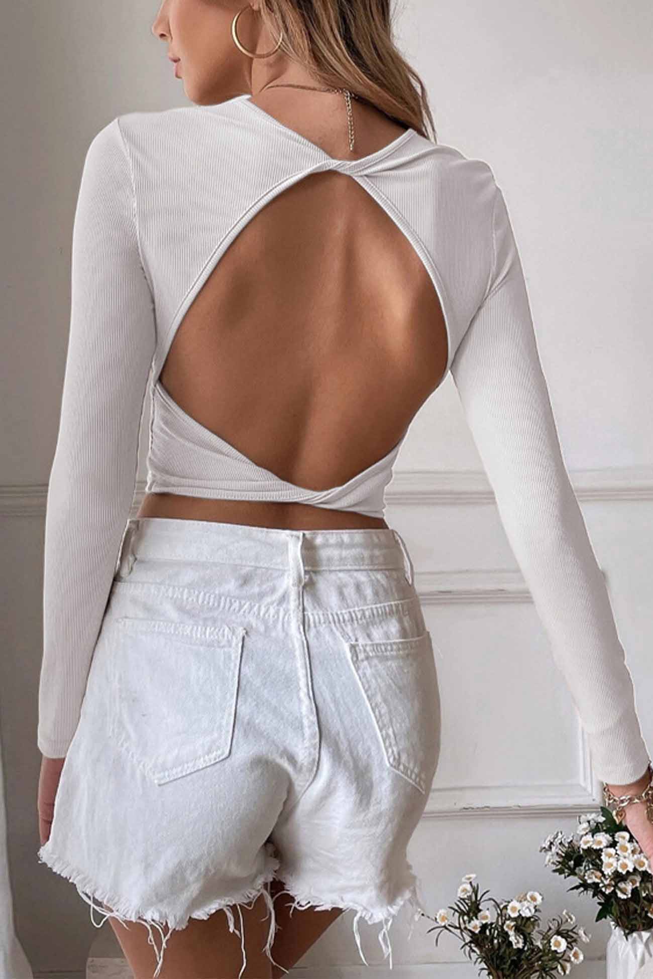 Solid Backless Twist Long Sleeve Tops