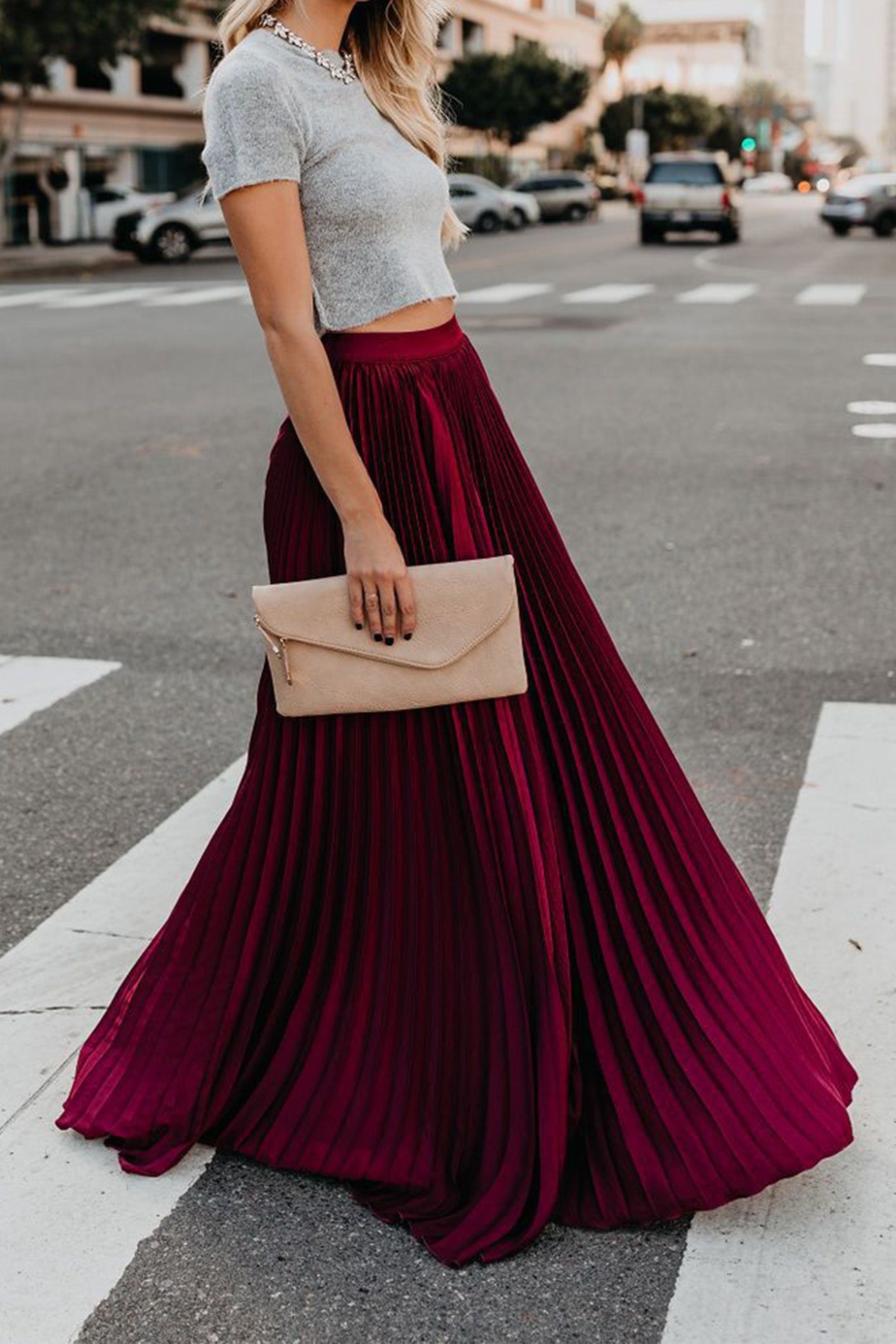 Solid Color High Waist Pleated Maxi Skirt