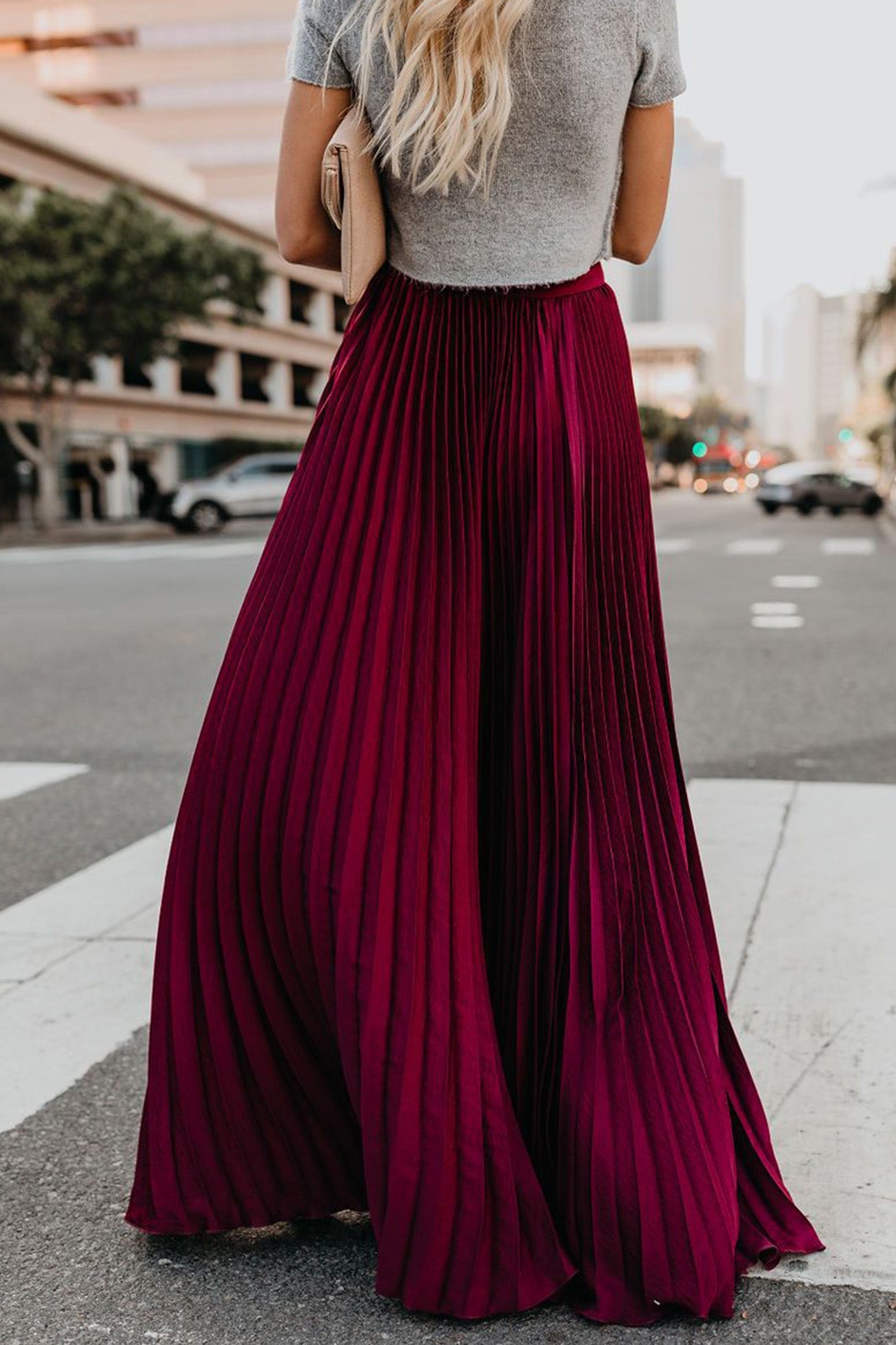 Solid Color High Waist Pleated Maxi Skirt