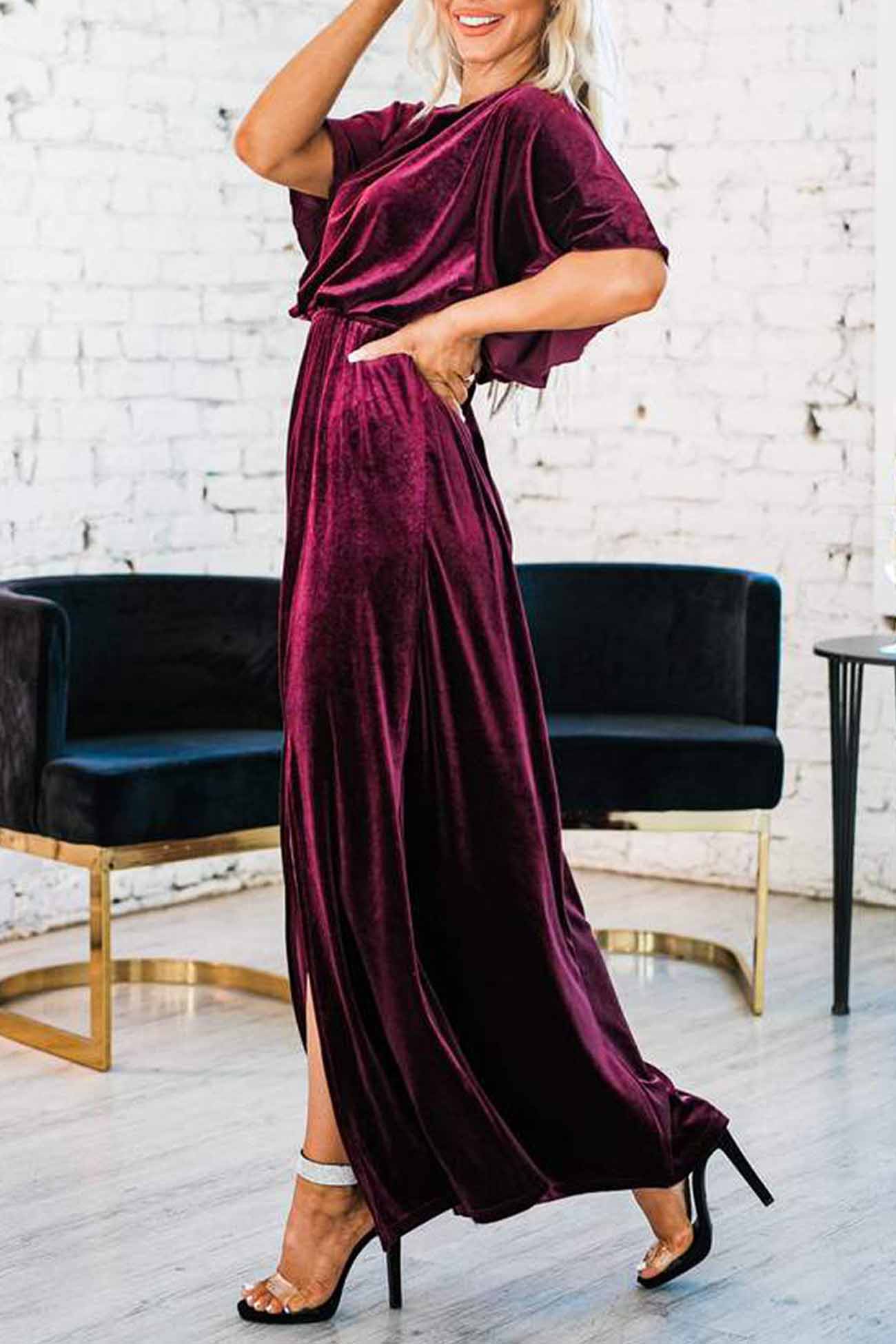 Velvet Crew Neck High Slit Midi Dress