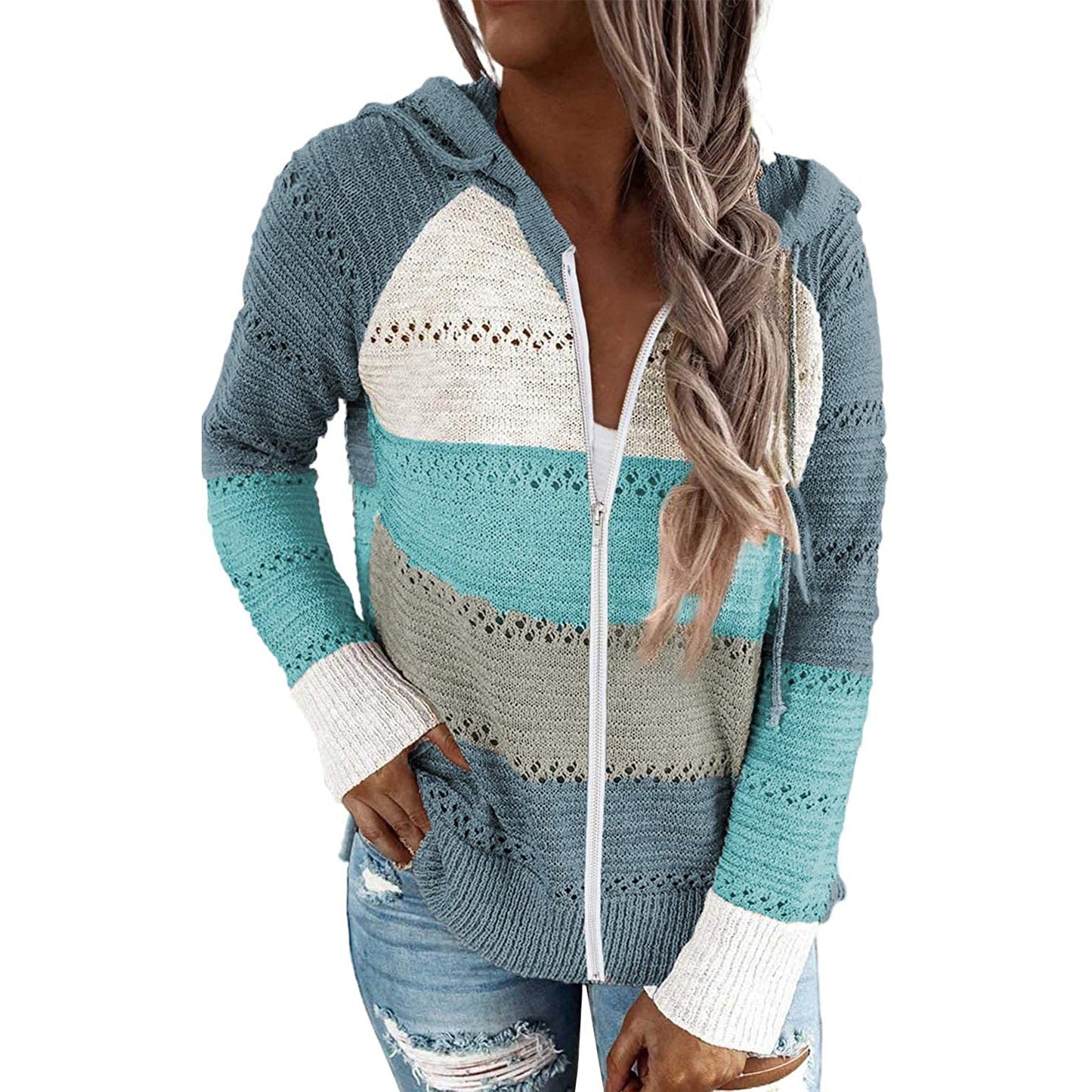 Women Casual Long Sleeve Zip Up Hooded Sweatshirt Hoodies Sky Blue __stock:200 Jackets & Coats refund_fee:1200