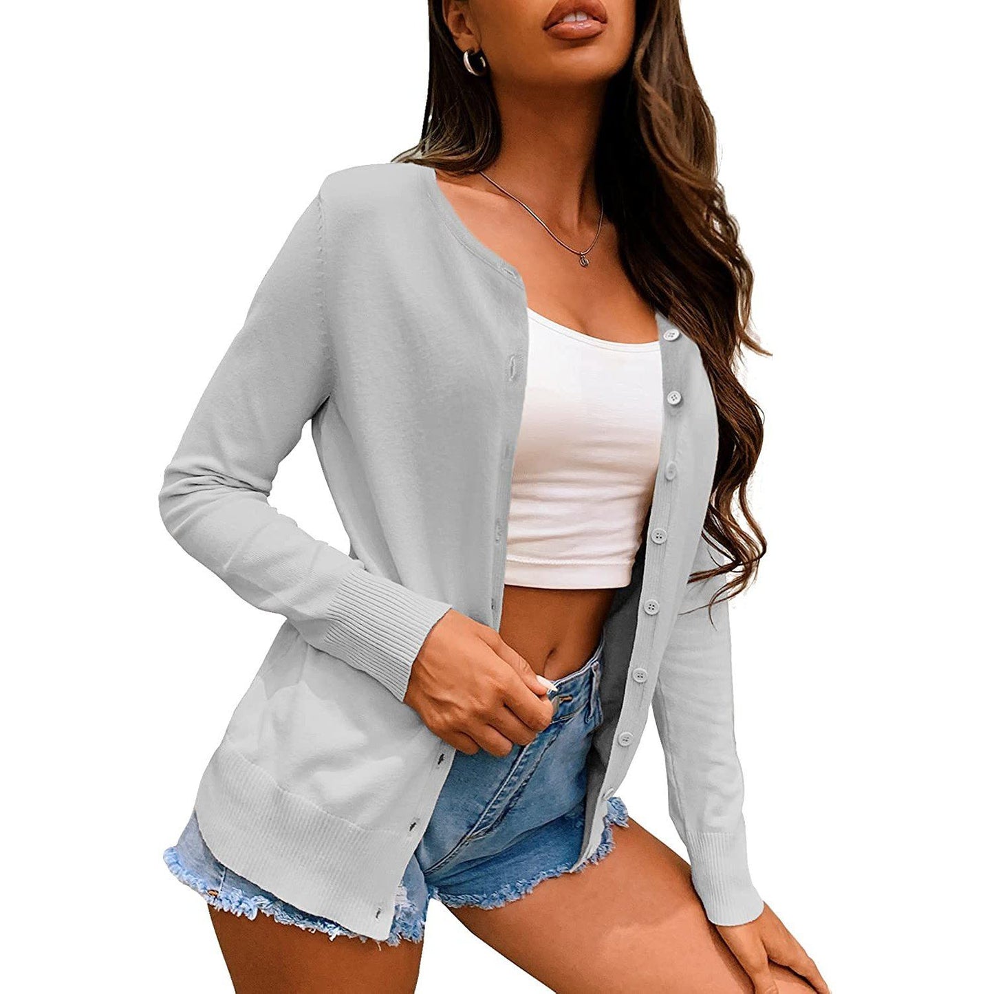 Women's Button Down Crew Neck Long Sleeve Soft Knit Cardigan Sweaters Light Gray __stock:500 Jackets & Coats Low stock refund_fee:800