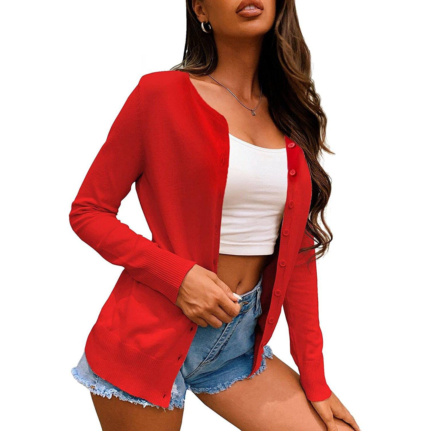 Women's Button Down Crew Neck Long Sleeve Soft Knit Cardigan Sweaters Red __stock:500 Jackets & Coats Low stock refund_fee:800