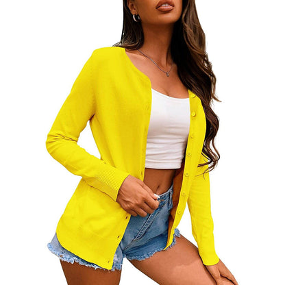 Women's Button Down Crew Neck Long Sleeve Soft Knit Cardigan Sweaters Yellow __stock:500 Jackets & Coats Low stock refund_fee:800