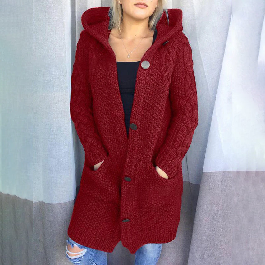 Women's Cardigan Pocket Chunky Long Sleeve Sweater Wine Red __stock:200 Jackets & Coats refund_fee:1800