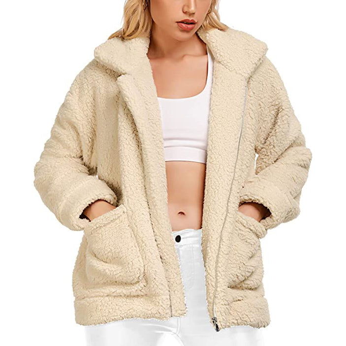 Women's Casual Lapel Fleece Fuzzy Faux Shearling Zipper Coat Beige __stock:50 Jackets & Coats refund_fee:1800