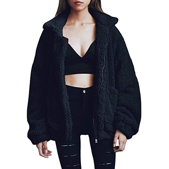 Women's Casual Lapel Fleece Fuzzy Faux Shearling Zipper Coat Black __stock:50 Jackets & Coats refund_fee:1800