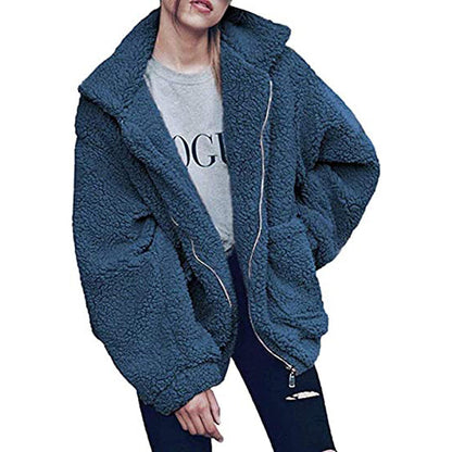 Women's Casual Lapel Fleece Fuzzy Faux Shearling Zipper Coat Blue __stock:50 Jackets & Coats refund_fee:1800