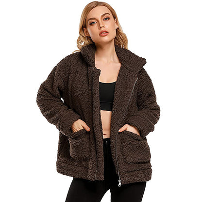 Women's Casual Lapel Fleece Fuzzy Faux Shearling Zipper Coat Brown __stock:50 Jackets & Coats refund_fee:1800