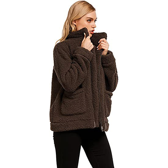 Women's Casual Lapel Fleece Fuzzy Faux Shearling Zipper Coat