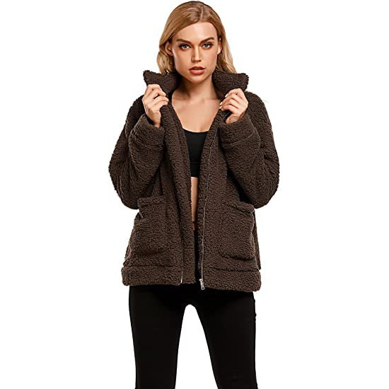 Women's Casual Lapel Fleece Fuzzy Faux Shearling Zipper Coat