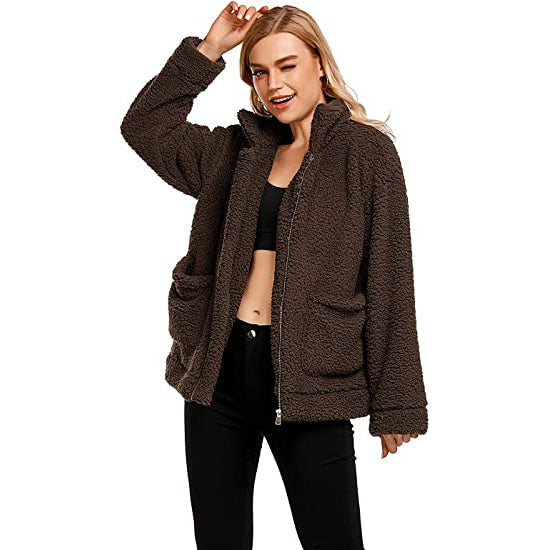 Women's Casual Lapel Fleece Fuzzy Faux Shearling Zipper Coat