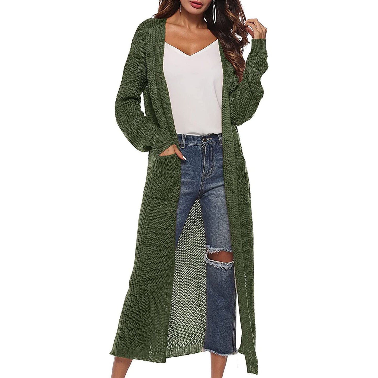 Womens Casual Long Sleeve Split Open Cardigan Knit Long Cardigan Sweaters with Pockets Army Green __stock:50 Jackets & Coats refund_fee:1200