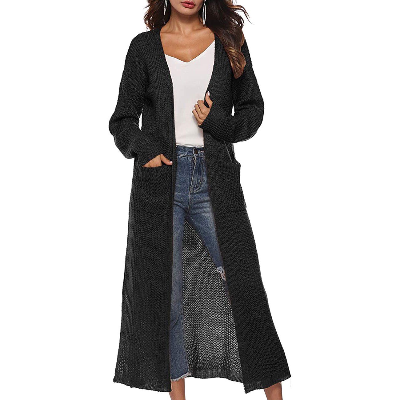 Womens Casual Long Sleeve Split Open Cardigan Knit Long Cardigan Sweaters with Pockets Black __stock:50 Jackets & Coats refund_fee:1200