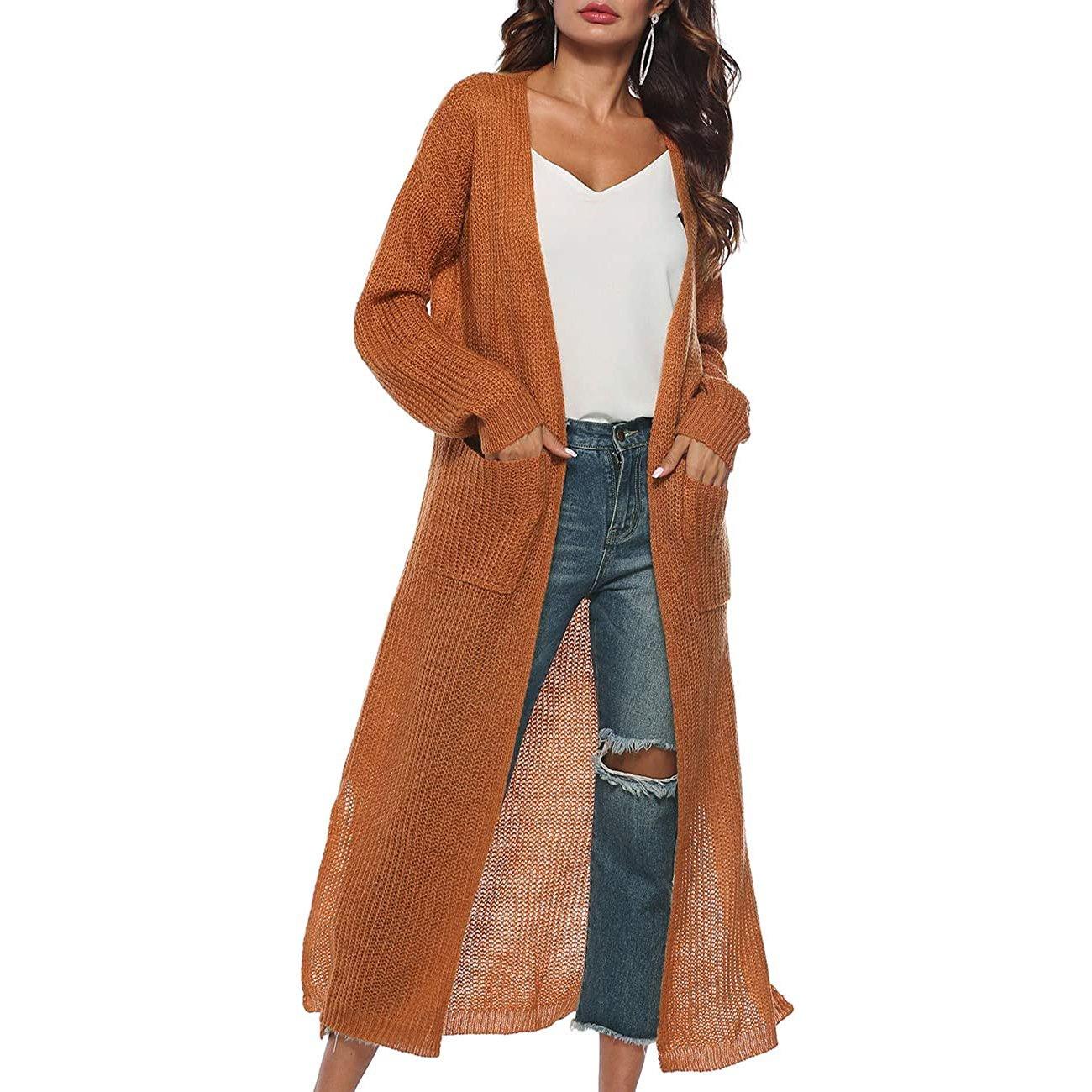 Womens Casual Long Sleeve Split Open Cardigan Knit Long Cardigan Sweaters with Pockets Brown __stock:50 Jackets & Coats refund_fee:1200