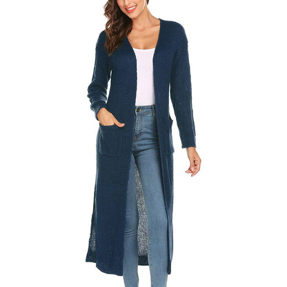 Womens Casual Long Sleeve Split Open Cardigan Knit Long Cardigan Sweaters with Pockets