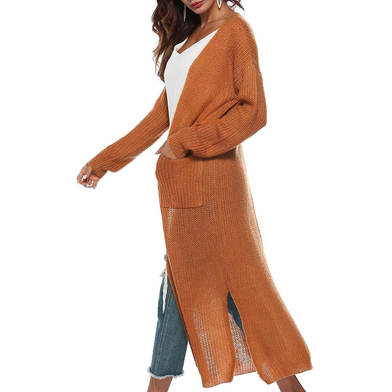 Womens Casual Long Sleeve Split Open Cardigan Knit Long Cardigan Sweaters with Pockets