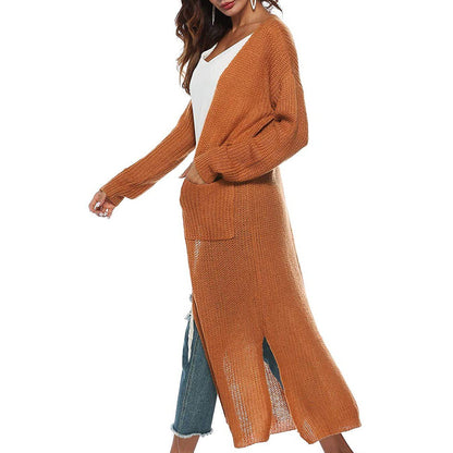 Womens Casual Long Sleeve Split Open Cardigan Knit Long Cardigan Sweaters with Pockets