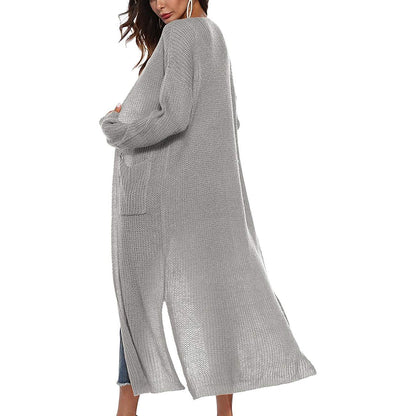 Womens Casual Long Sleeve Split Open Cardigan Knit Long Cardigan Sweaters with Pockets