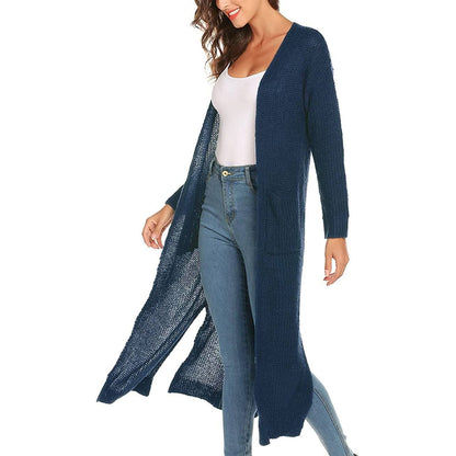 Womens Casual Long Sleeve Split Open Cardigan Knit Long Cardigan Sweaters with Pockets