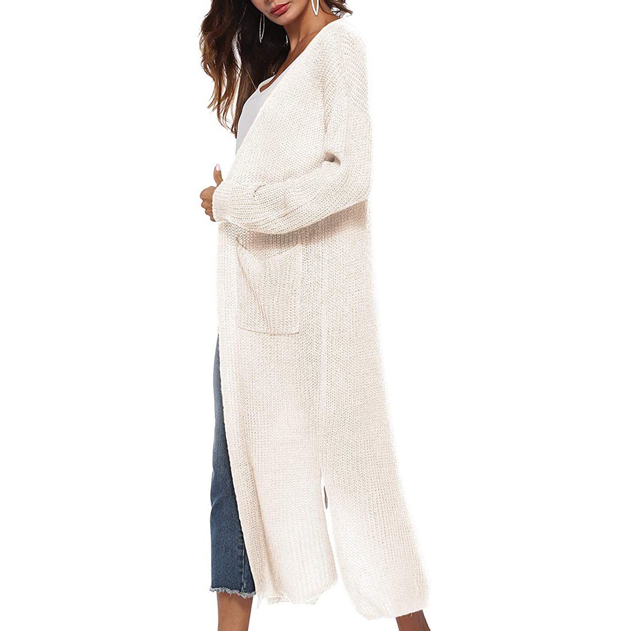 Womens Casual Long Sleeve Split Open Cardigan Knit Long Cardigan Sweaters with Pockets