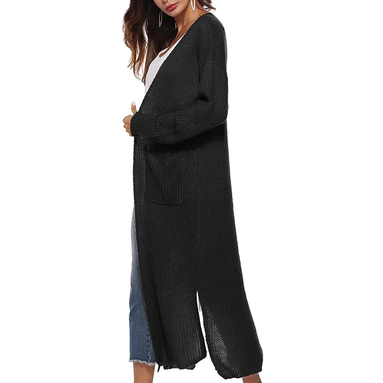 Womens Casual Long Sleeve Split Open Cardigan Knit Long Cardigan Sweaters with Pockets