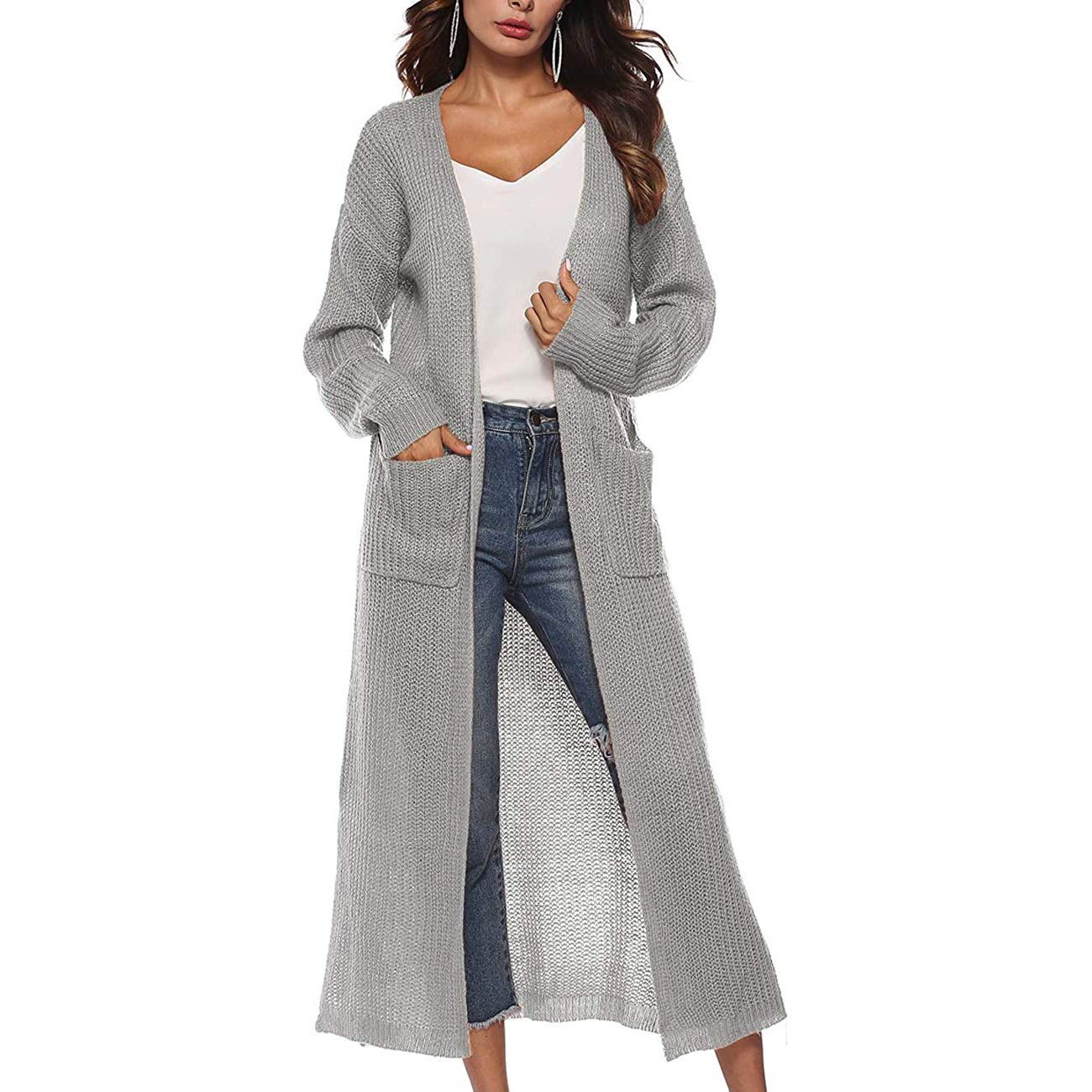 Womens Casual Long Sleeve Split Open Cardigan Knit Long Cardigan Sweaters with Pockets Gray __stock:50 Jackets & Coats refund_fee:1200