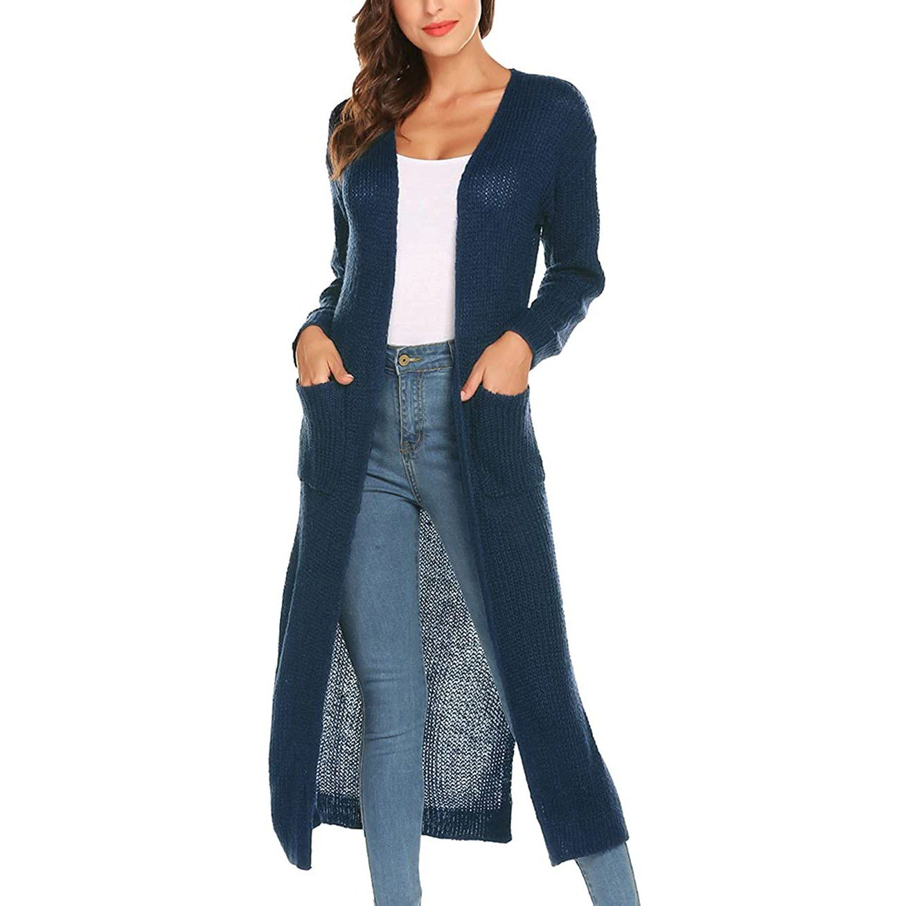 Womens Casual Long Sleeve Split Open Cardigan Knit Long Cardigan Sweaters with Pockets Navy __stock:50 Jackets & Coats refund_fee:1200