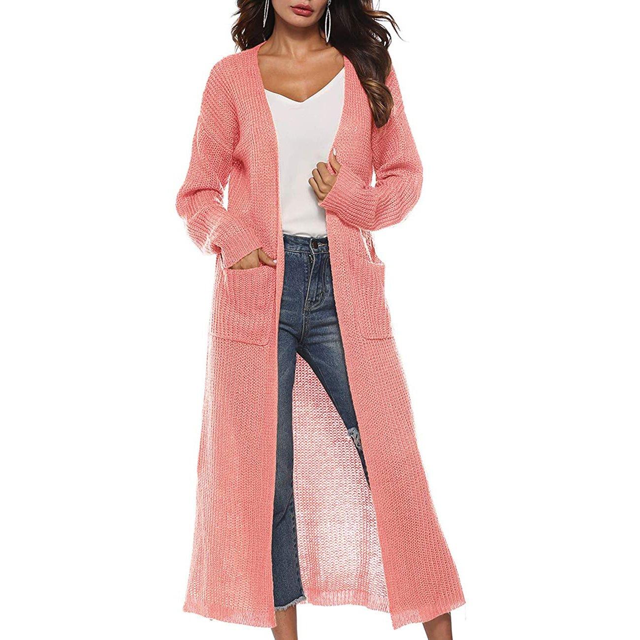 Womens Casual Long Sleeve Split Open Cardigan Knit Long Cardigan Sweaters with Pockets Pink __stock:50 Jackets & Coats refund_fee:1200