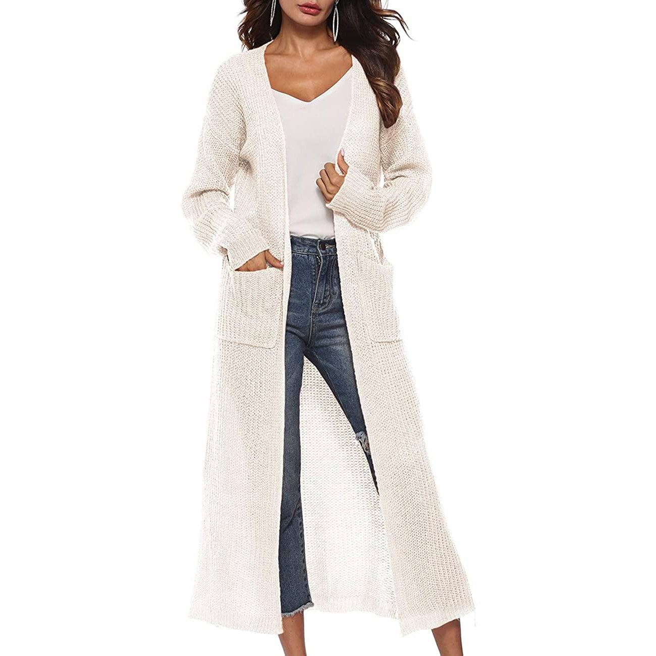 Womens Casual Long Sleeve Split Open Cardigan Knit Long Cardigan Sweaters with Pockets White __stock:50 Jackets & Coats refund_fee:1200