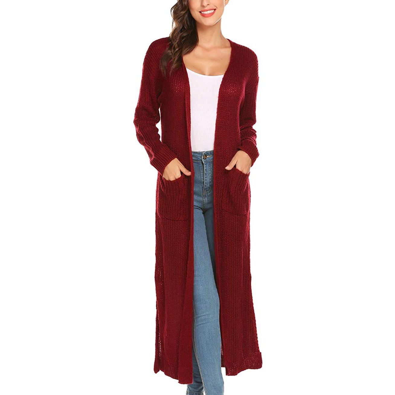 Womens Casual Long Sleeve Split Open Cardigan Knit Long Cardigan Sweaters with Pockets Wine Red __stock:50 Jackets & Coats refund_fee:1200